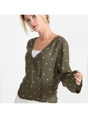 Abercrombie & Fitch Olive Green & White Polka Dot Long sleeve Wrap Blouse-size S